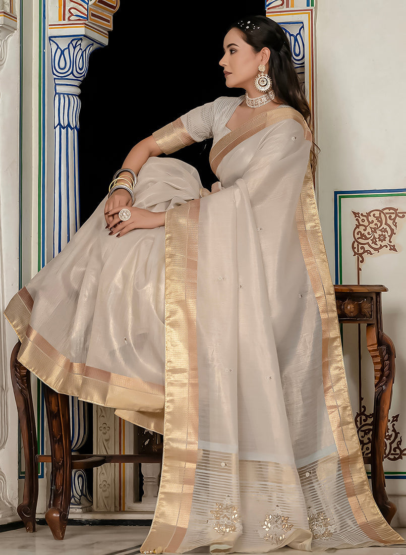 Monjolika Fashion Silver Color Tissue Linen Khatli Hand Work Designer Saree