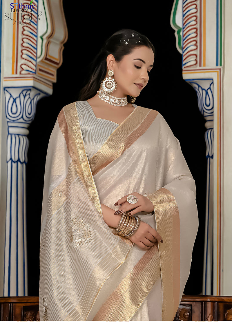 Monjolika Fashion Silver Color Tissue Linen Khatli Hand Work Designer Saree