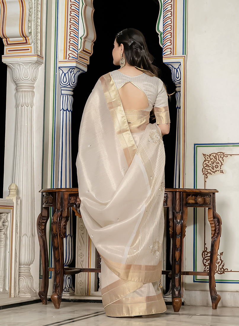 Monjolika Fashion Silver Color Tissue Linen Khatli Hand Work Designer Saree