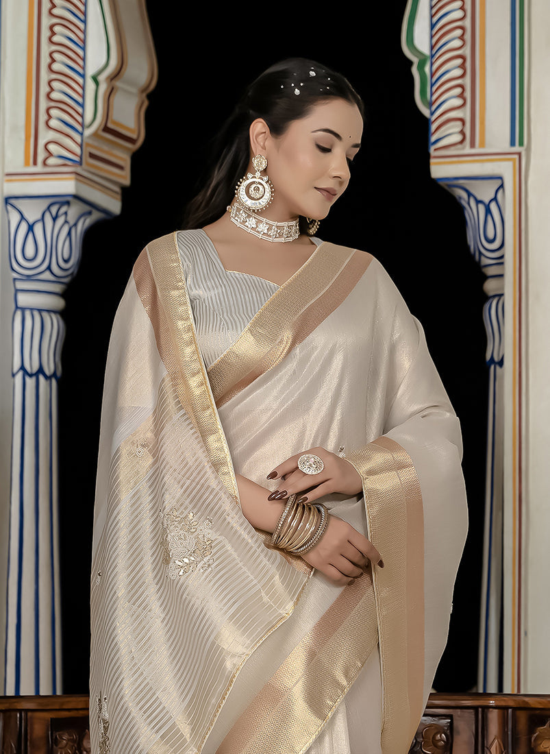 Monjolika Fashion Silver Color Tissue Linen Khatli Hand Work Designer Saree