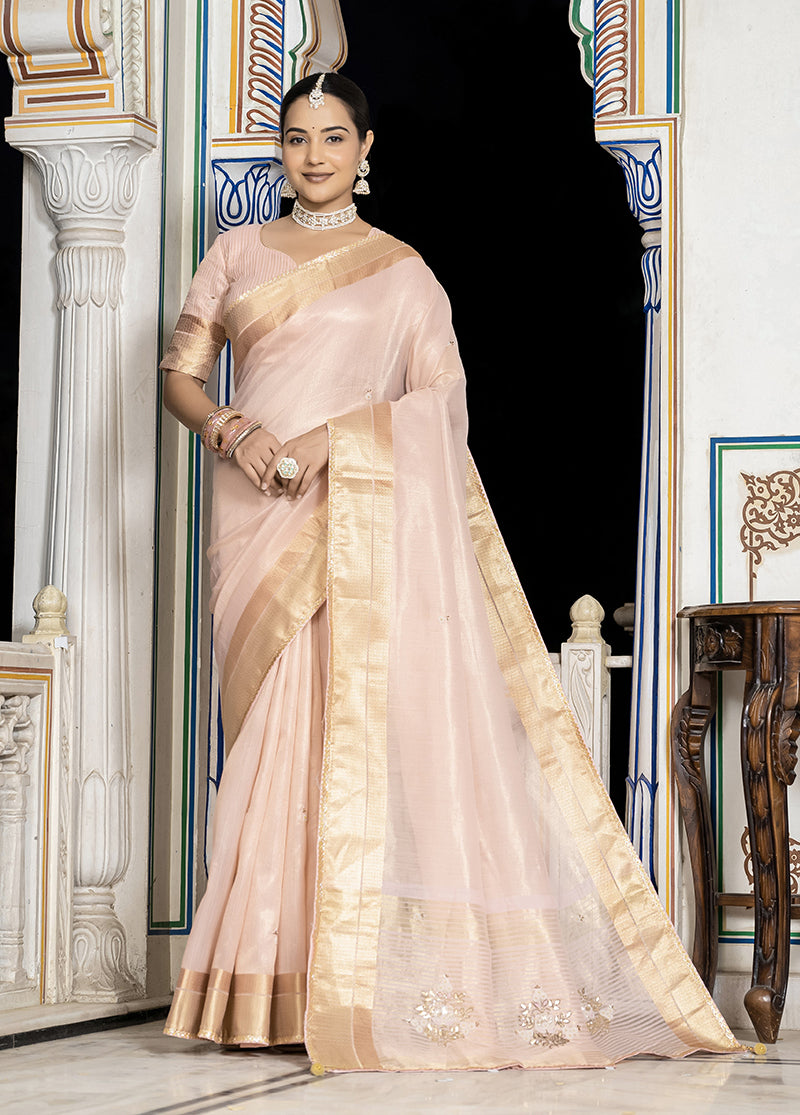 Monjolika Fashion Light Pink Color Tissue Linen Khatli Hand Work Designer Saree