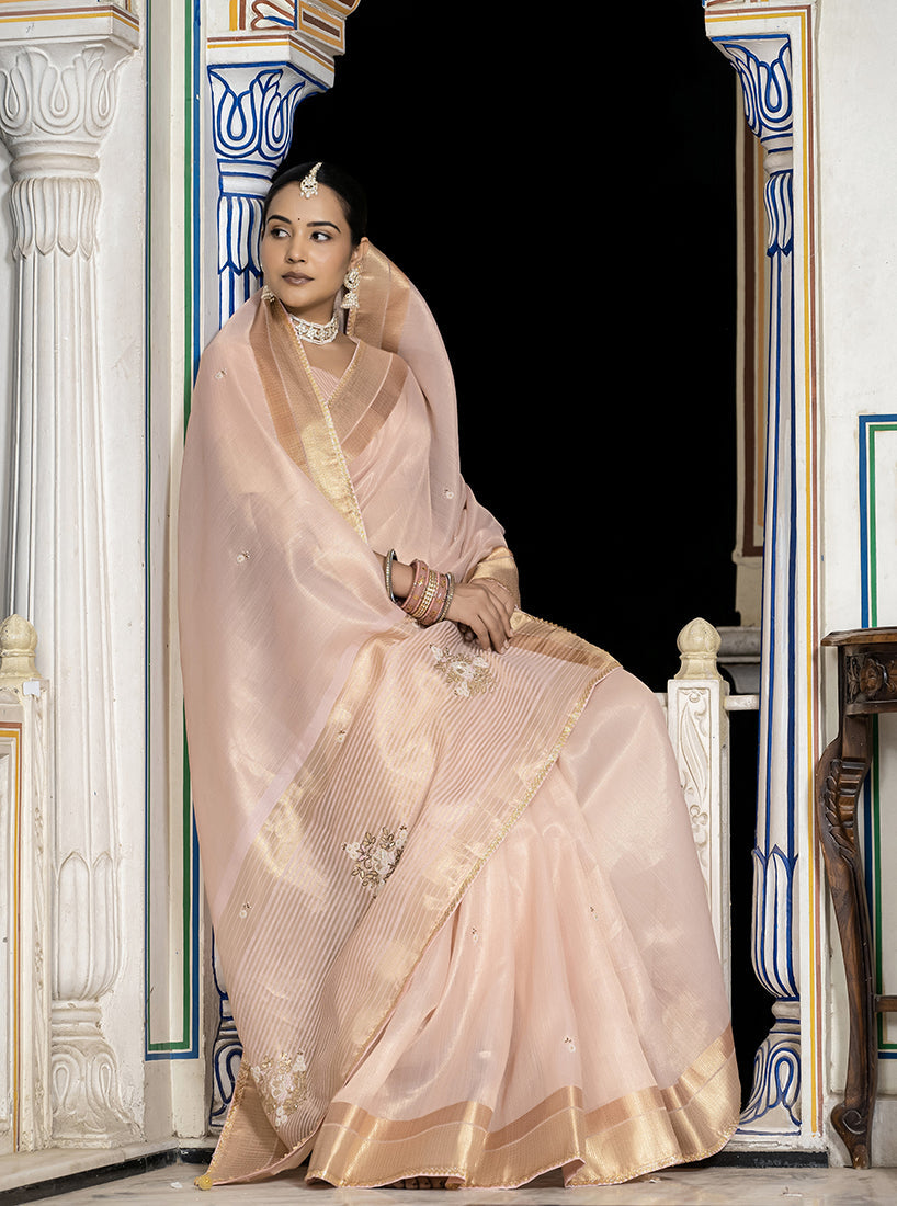 Monjolika Fashion Light Pink Color Tissue Linen Khatli Hand Work Designer Saree