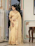 Monjolika Fashion Light Yellow Color Tissue Linen Khatli Hand Work Designer Saree