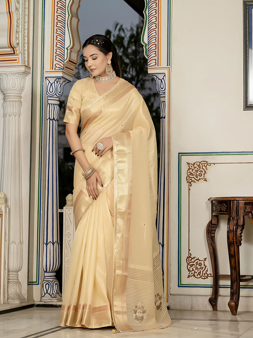 Monjolika Fashion Light Yellow Color Tissue Linen Khatli Hand Work Designer Saree