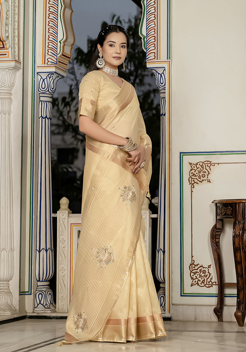 Monjolika Fashion Light Yellow Color Tissue Linen Khatli Hand Work Designer Saree