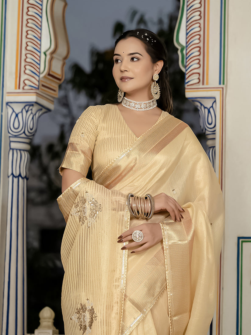 Monjolika Fashion Light Yellow Color Tissue Linen Khatli Hand Work Designer Saree