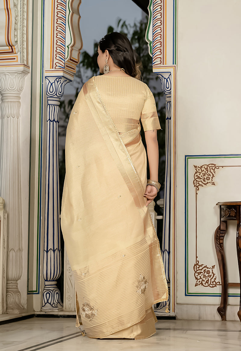 Monjolika Fashion Light Yellow Color Tissue Linen Khatli Hand Work Designer Saree