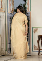 Monjolika Fashion Light Yellow Color Tissue Linen Khatli Hand Work Designer Saree