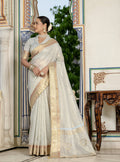 Monjolika Fashion Light Grey Color Tissue Linen Khatli Hand Work Designer Saree