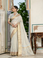 Monjolika Fashion Light Grey Color Tissue Linen Khatli Hand Work Designer Saree