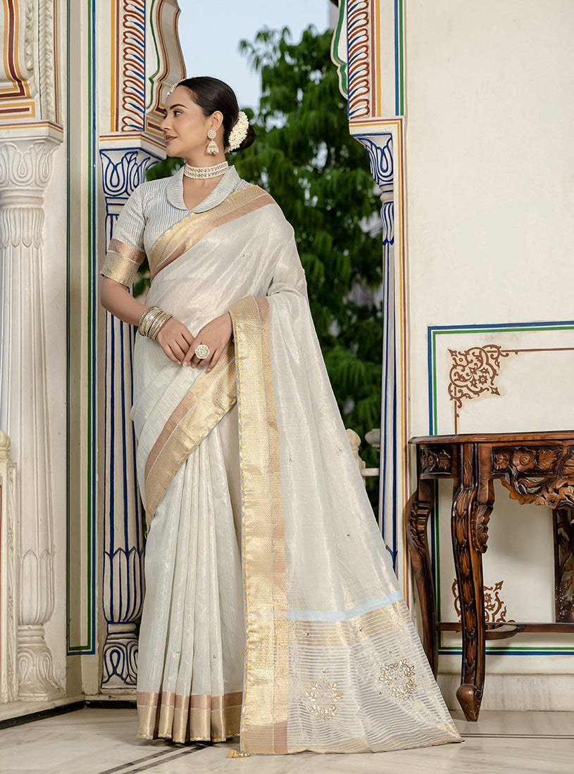 Monjolika Fashion Light Grey Color Tissue Linen Khatli Hand Work Designer Saree