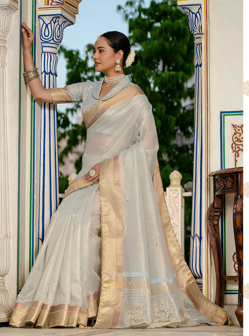 Monjolika Fashion Light Grey Color Tissue Linen Khatli Hand Work Designer Saree
