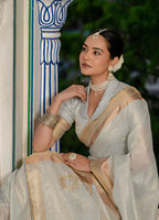 Monjolika Fashion Light Grey Color Tissue Linen Khatli Hand Work Designer Saree