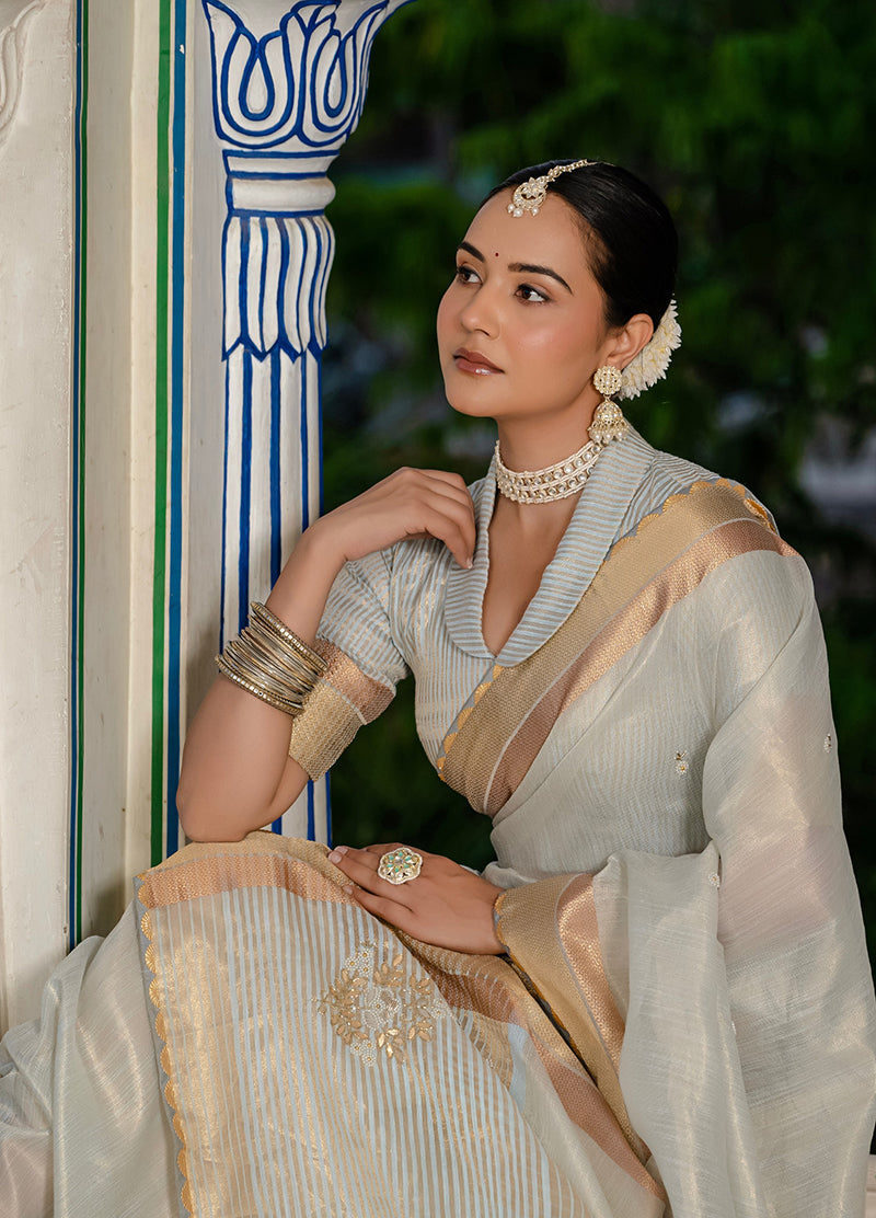 Monjolika Fashion Light Grey Color Tissue Linen Khatli Hand Work Designer Saree