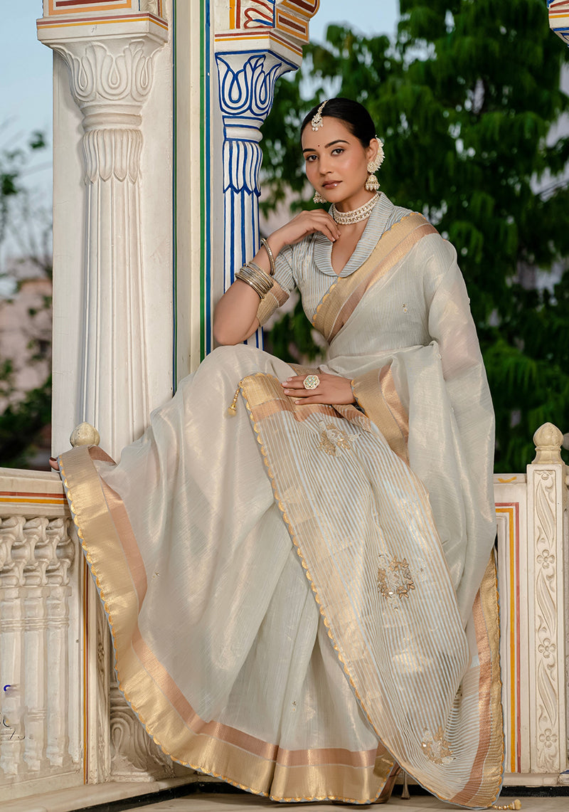 Monjolika Fashion Light Grey Color Tissue Linen Khatli Hand Work Designer Saree