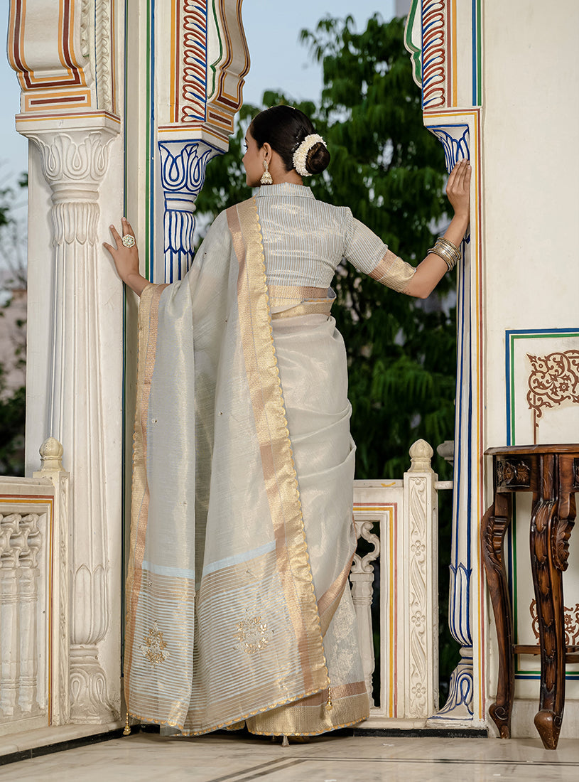 Monjolika Fashion Light Grey Color Tissue Linen Khatli Hand Work Designer Saree