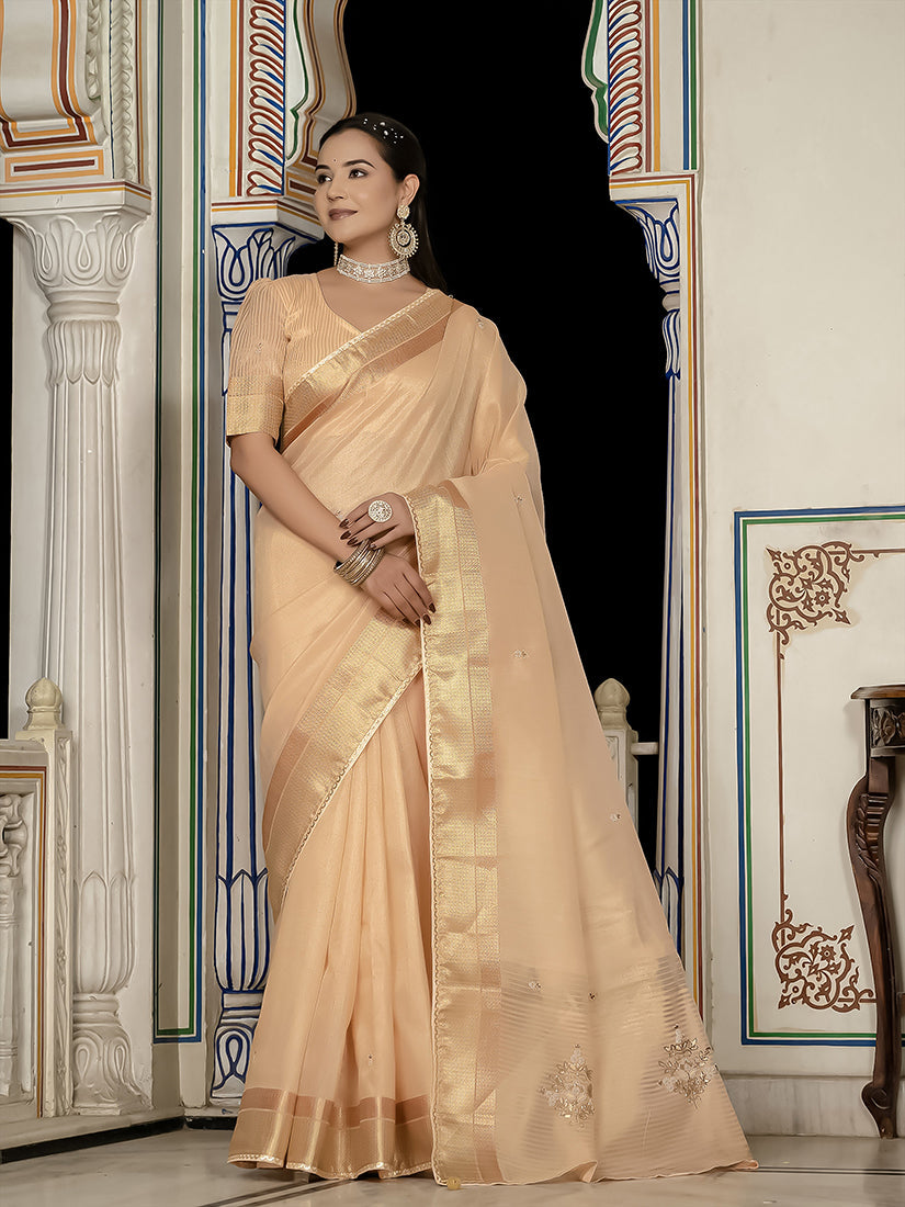 Monjolika Fashion Light Peach Color Tissue Linen Khatli Hand Work Designer Saree