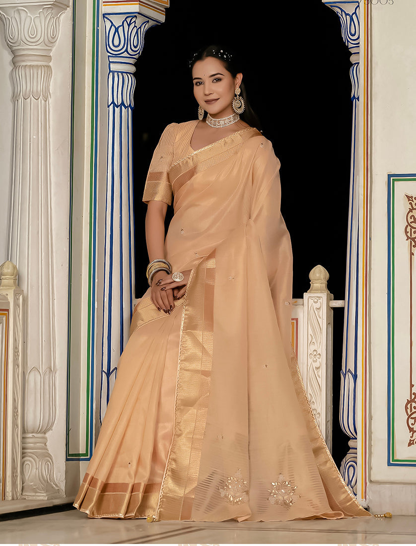 Monjolika Fashion Light Peach Color Tissue Linen Khatli Hand Work Designer Saree