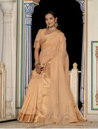 Monjolika Fashion Light Peach Color Tissue Linen Khatli Hand Work Designer Saree