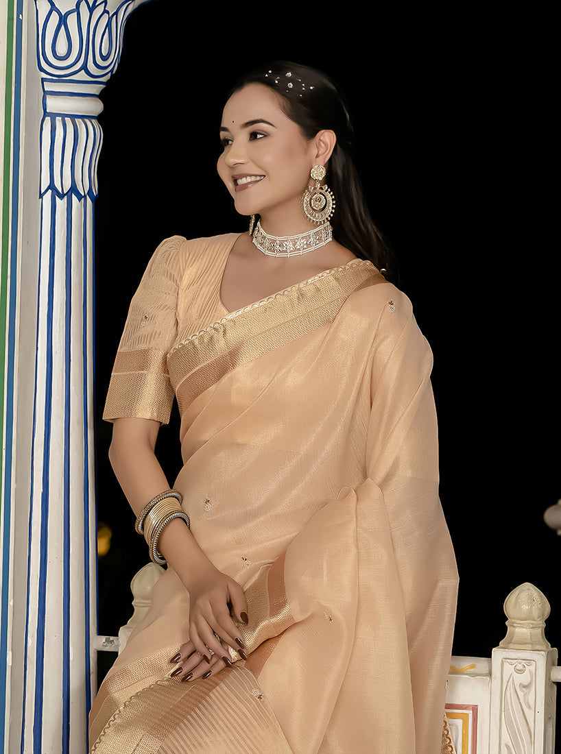 Monjolika Fashion Light Peach Color Tissue Linen Khatli Hand Work Designer Saree