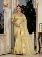 Monjolika Fashion Light Green Color Tissue Linen Khatli Hand Work Designer Saree