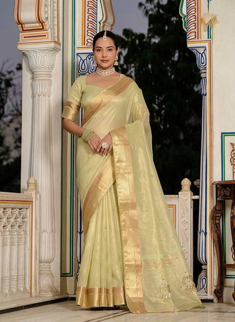 Monjolika Fashion Light Green Color Tissue Linen Khatli Hand Work Designer Saree
