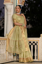 Monjolika Fashion Light Green Color Tissue Linen Khatli Hand Work Designer Saree