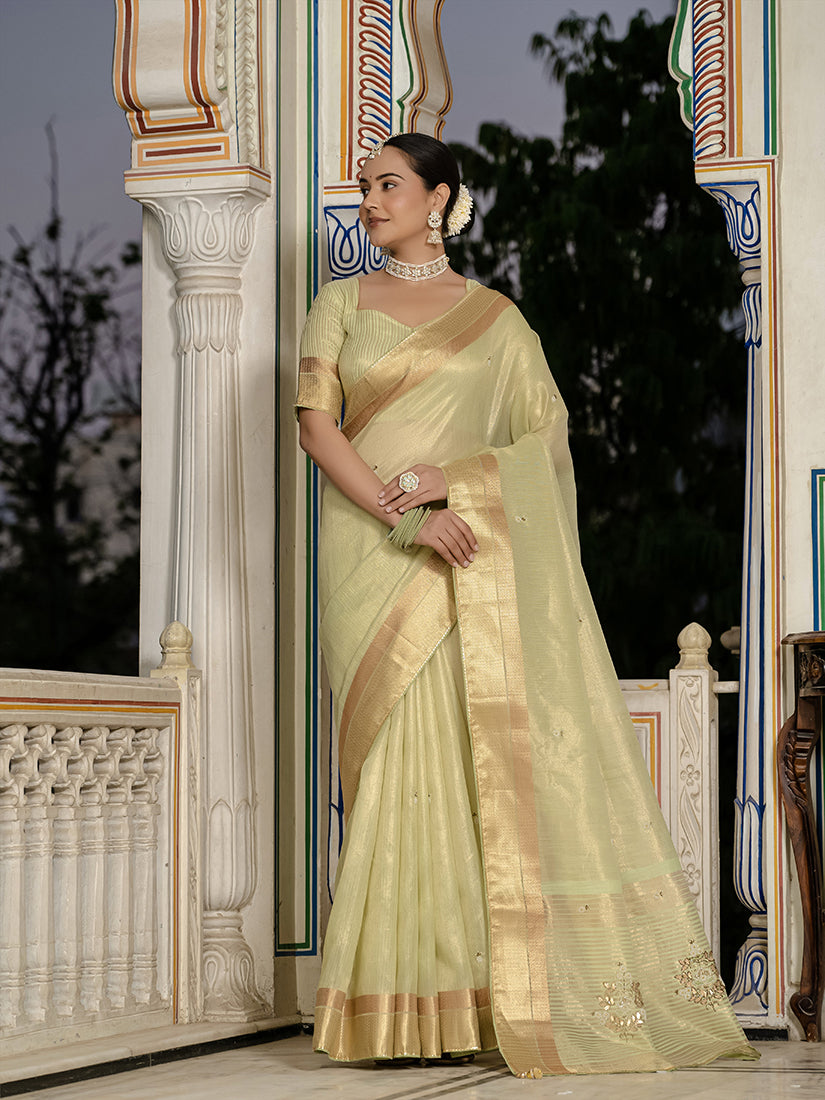 Monjolika Fashion Light Green Color Tissue Linen Khatli Hand Work Designer Saree