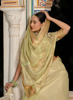 Monjolika Fashion Light Green Color Tissue Linen Khatli Hand Work Designer Saree