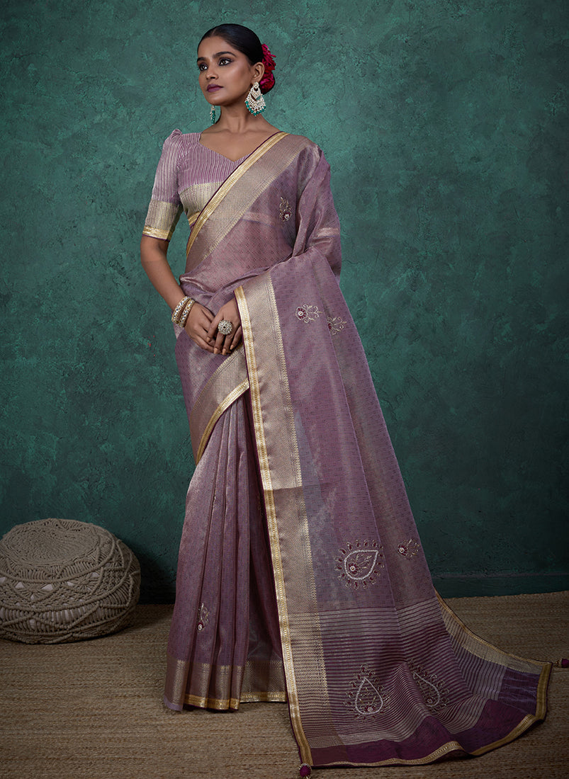 Monjolika Fashion Elegant Light Purple Color Tissue Linen Khatli Hand Work Saree