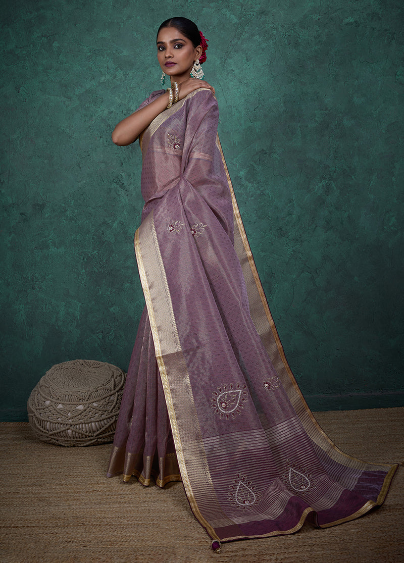 Monjolika Fashion Elegant Light Purple Color Tissue Linen Khatli Hand Work Saree
