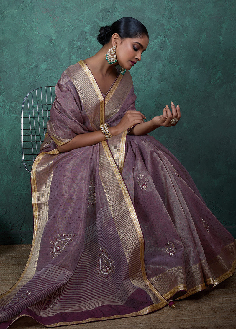 Monjolika Fashion Elegant Light Purple Color Tissue Linen Khatli Hand Work Saree