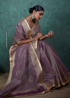 Monjolika Fashion Elegant Light Purple Color Tissue Linen Khatli Hand Work Saree