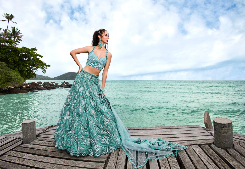 House of Panchhi Turquoise Blue Net Sequins, Zarkan And Thread Embroidery Lehenga Choli & Dupatta
