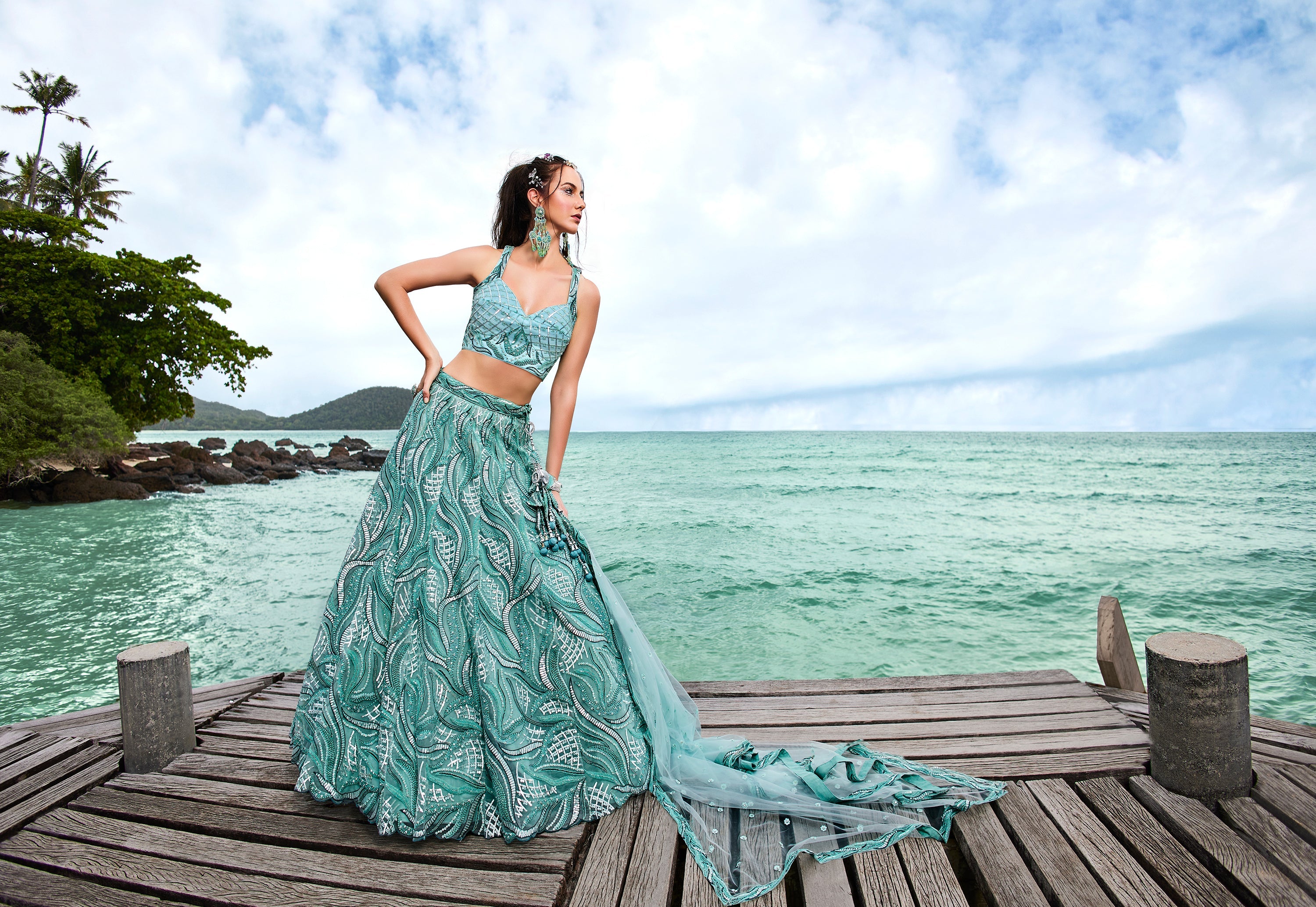 House of Panchhi Turquoise Blue Net Sequins, Zarkan And Thread Embroidery Lehenga Choli & Dupatta