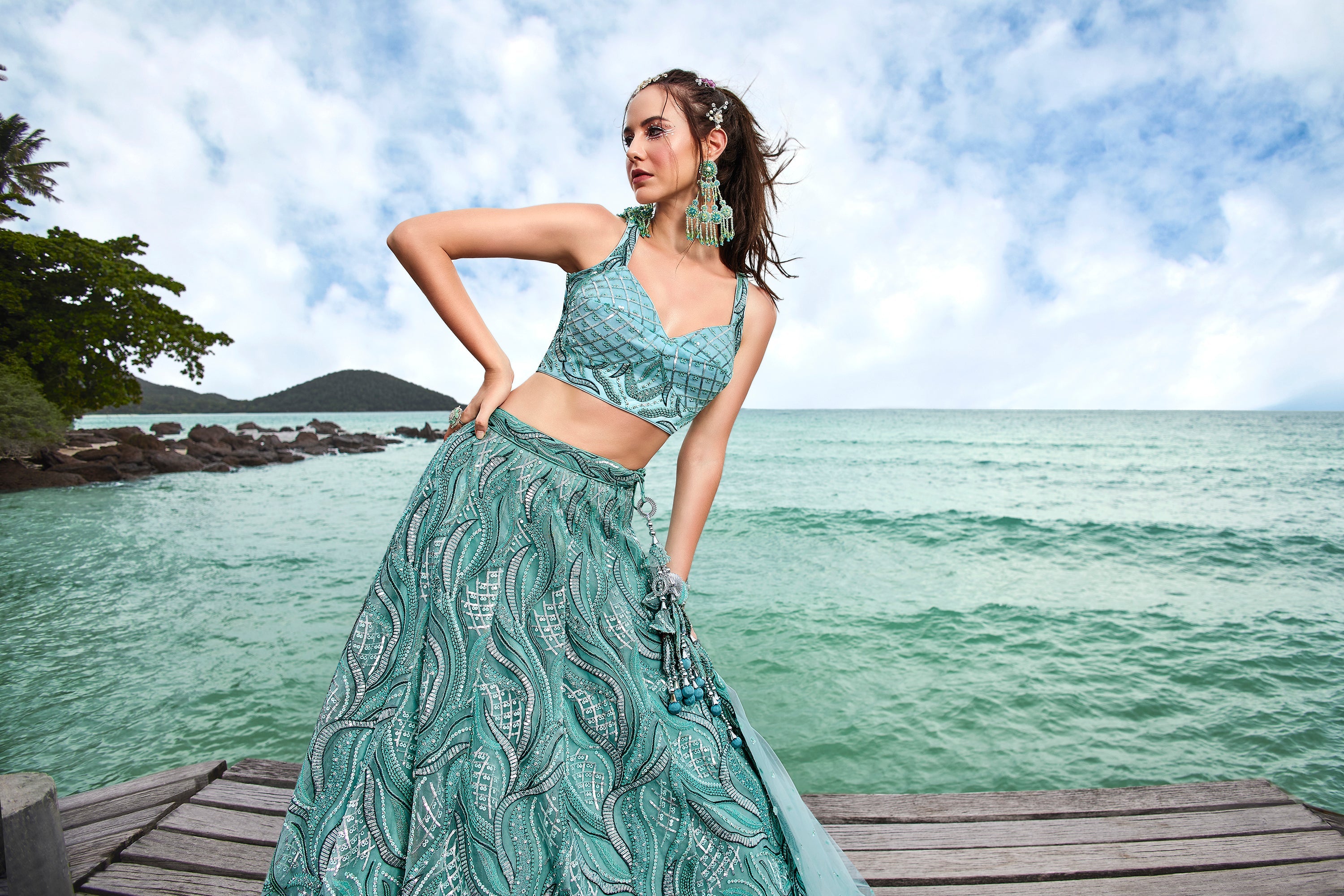 House of Panchhi Turquoise Blue Net Sequins, Zarkan And Thread Embroidery Lehenga Choli & Dupatta