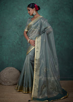 Monjolika Fashion Elegant Light Teal Color Tissue Linen Khatli Hand Work Saree