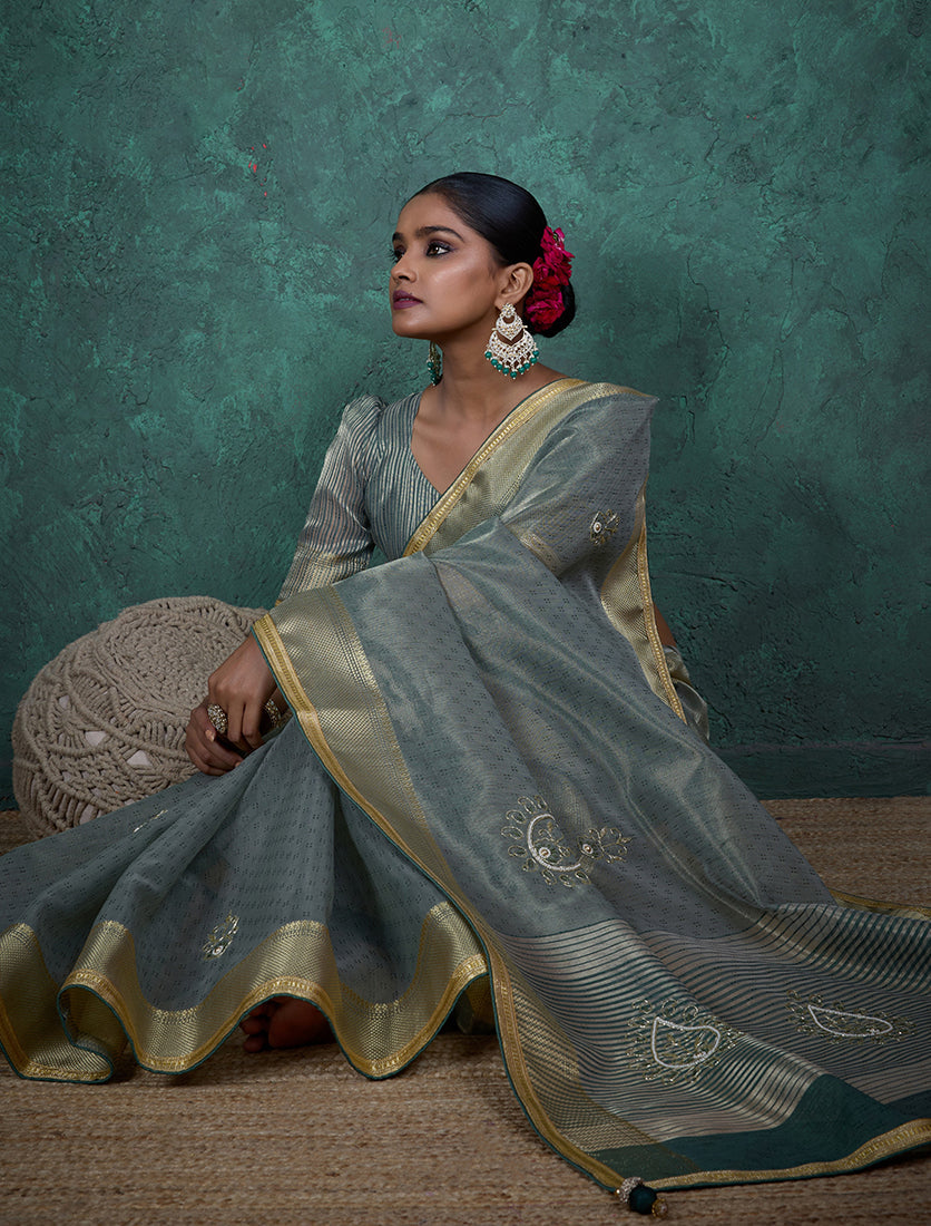Monjolika Fashion Elegant Light Teal Color Tissue Linen Khatli Hand Work Saree