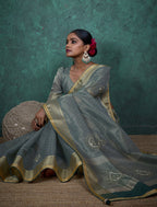 Monjolika Fashion Elegant Light Teal Color Tissue Linen Khatli Hand Work Saree