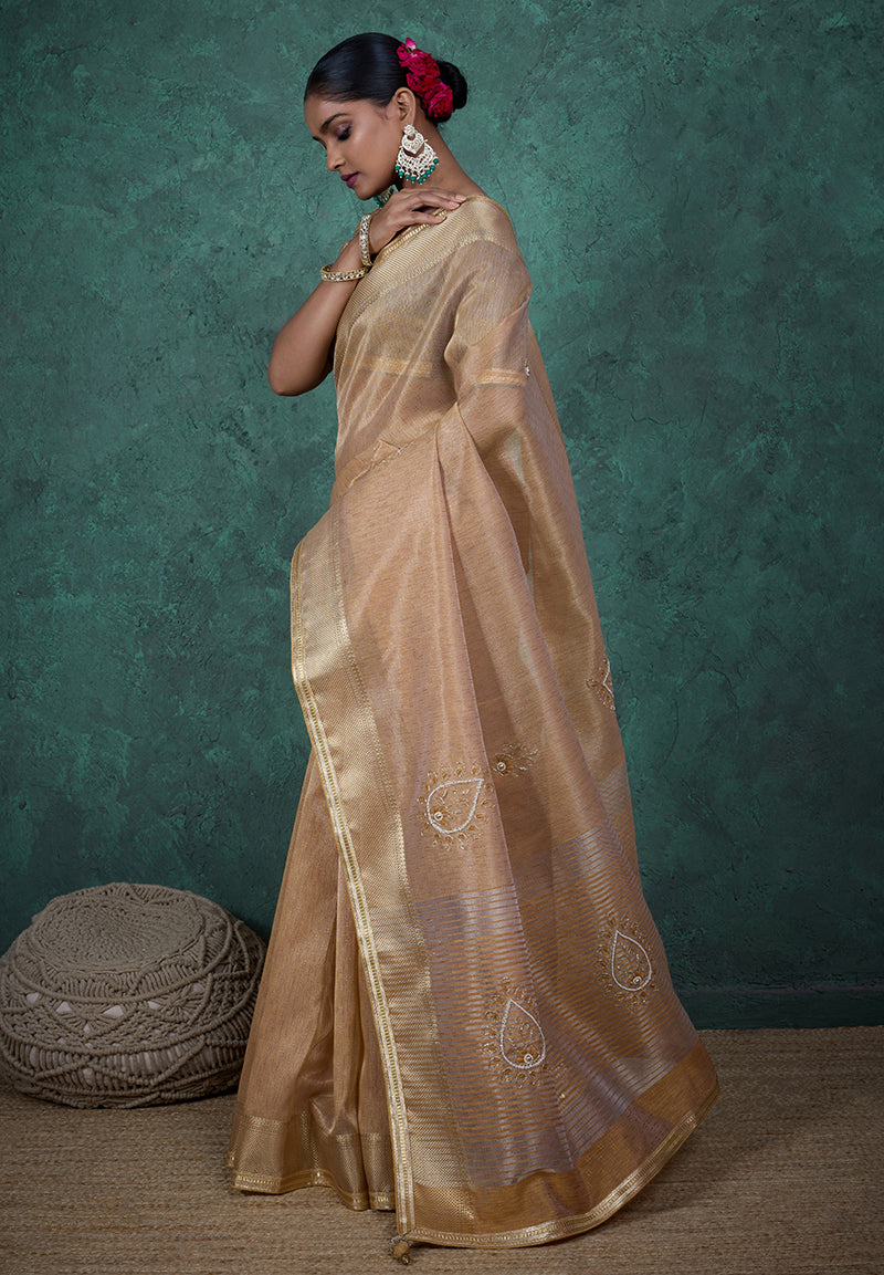 Monjolika Fashion Elegant Beige Color Tissue Linen Khatli Hand Work Saree
