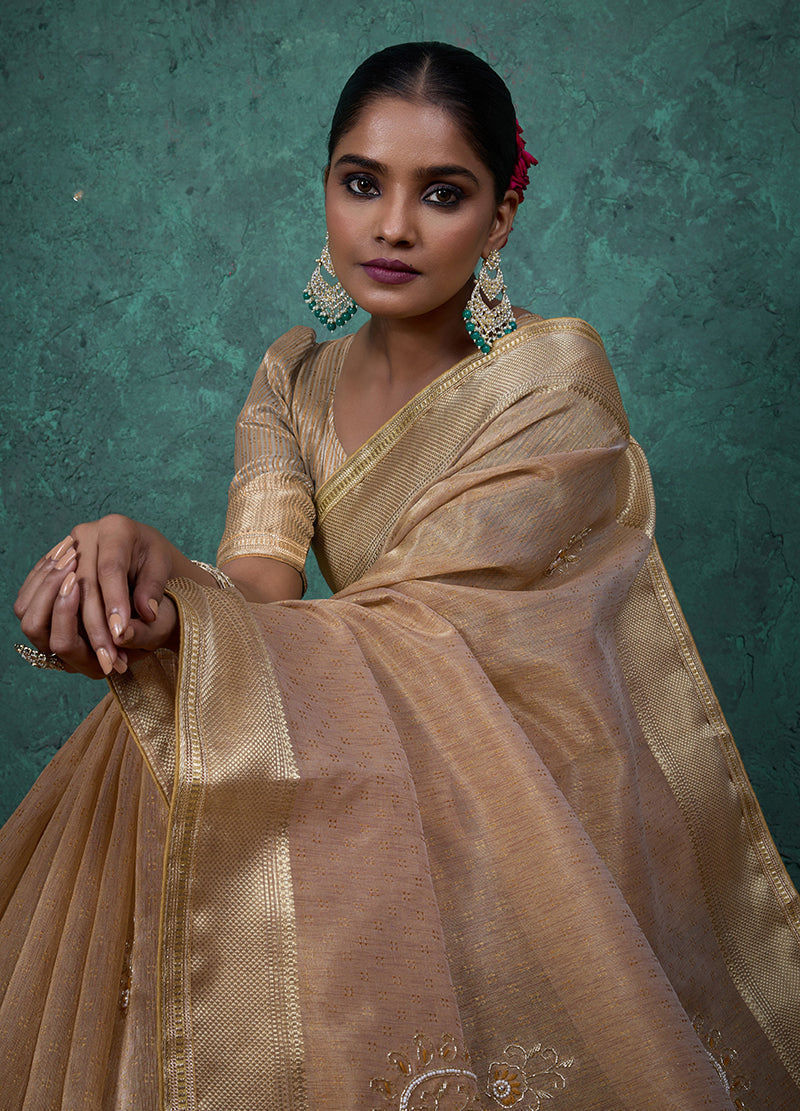 Monjolika Fashion Elegant Beige Color Tissue Linen Khatli Hand Work Saree
