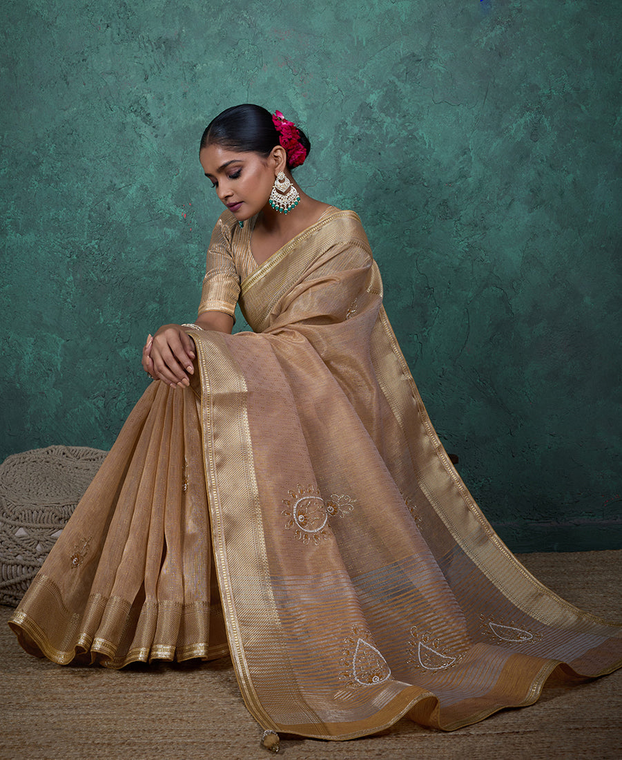 Monjolika Fashion Elegant Beige Color Tissue Linen Khatli Hand Work Saree
