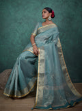 Monjolika Fashion Elegant Light Blue Color Tissue Linen Khatli Hand Work Saree