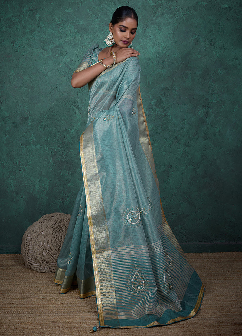 Monjolika Fashion Elegant Light Blue Color Tissue Linen Khatli Hand Work Saree