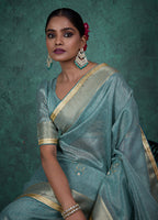 Monjolika Fashion Elegant Light Blue Color Tissue Linen Khatli Hand Work Saree
