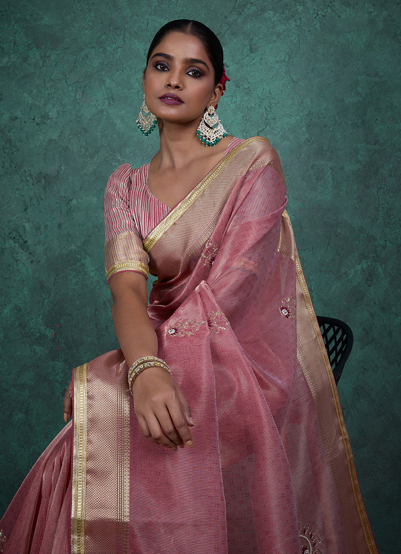 Monjolika Fashion Elegant Light Pink Color Tissue Linen Khatli Hand Work Saree