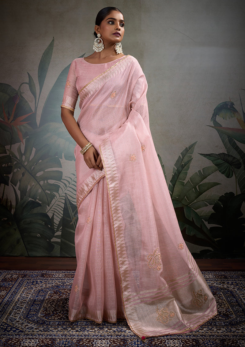 Monjolika Fashion Beautiful Light Pink Color Tissue Linen Khatli Hand Work Classic Saree
