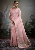 Monjolika Fashion Beautiful Light Pink Color Tissue Linen Khatli Hand Work Classic Saree