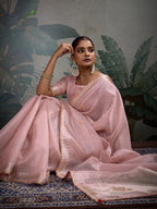 Monjolika Fashion Beautiful Light Pink Color Tissue Linen Khatli Hand Work Classic Saree