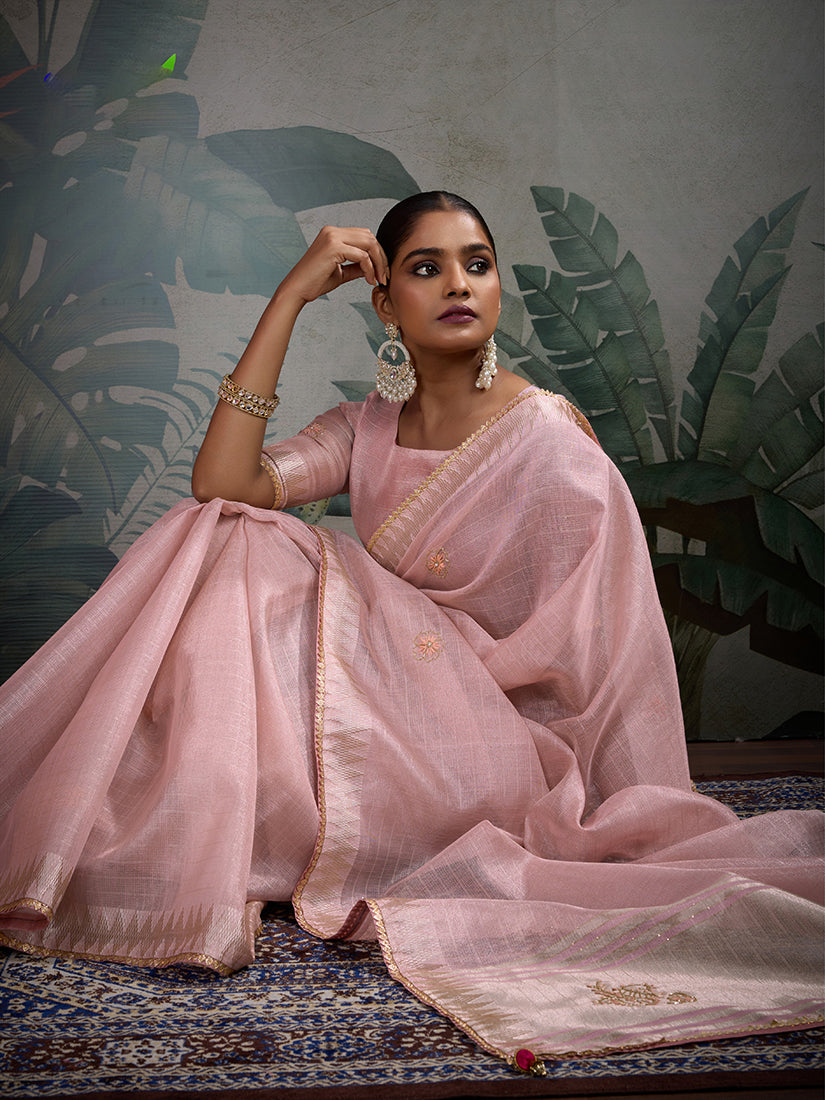 Monjolika Fashion Beautiful Light Pink Color Tissue Linen Khatli Hand Work Classic Saree